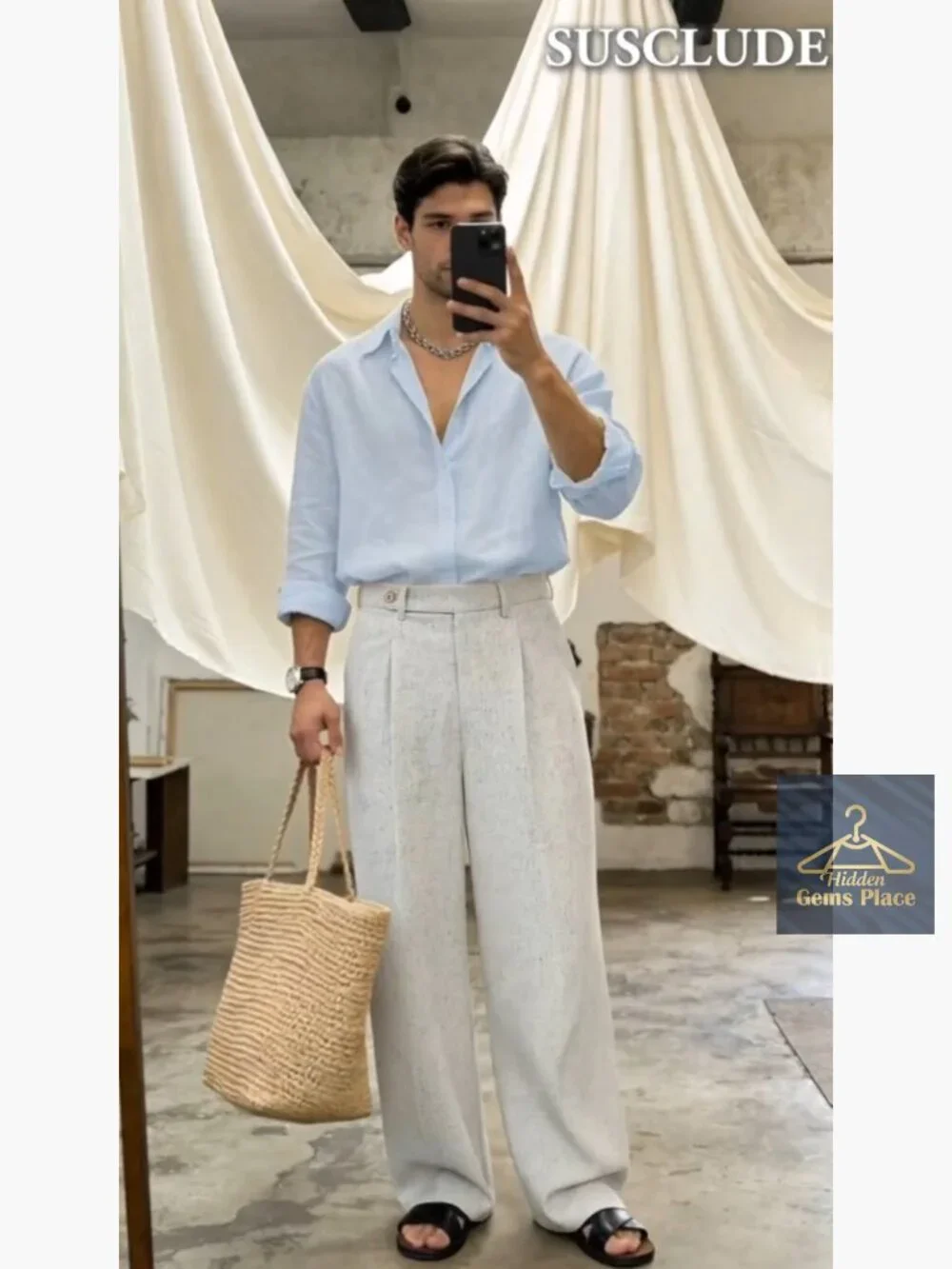 Mens Linen Casual Dress Pants Baggy Pleated Wide Leg Slacks Relaxed Fit Trousers